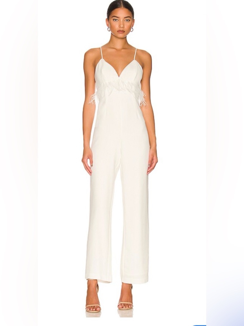 Saylor Krysta Feather-embellished Satin Jumpsuit in White XS